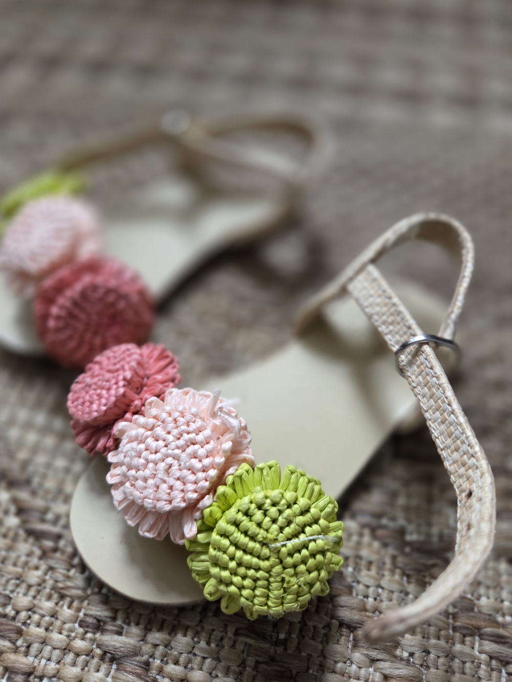 Janie and Jack Beige Sandals with Pink and Lime Raffia Poms
